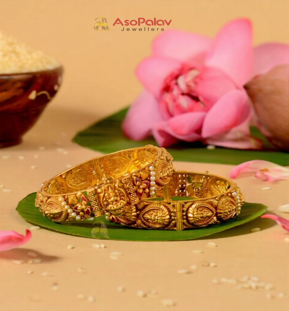 22K Gold Lakshmi Pearl Emerald Bridal Bangles